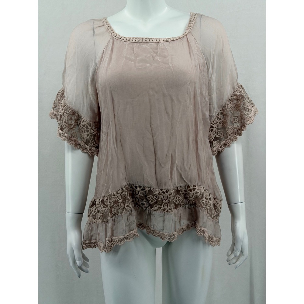 Le Marais Top Womens Large Dusty Rose Pink Silk Crochet Lace Trim Sheer Romantic
